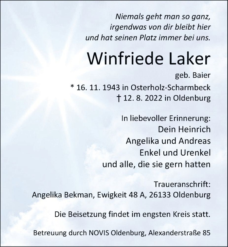  Traueranzeige für Winfriede Laker vom 20.08.2022 aus Nordwest-Zeitung
