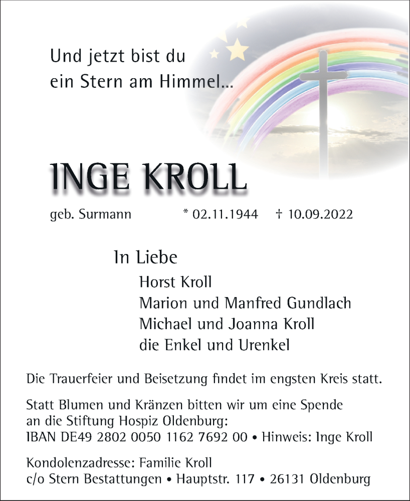  Traueranzeige für Inge Kroll vom 17.09.2022 aus Nordwest-Zeitung