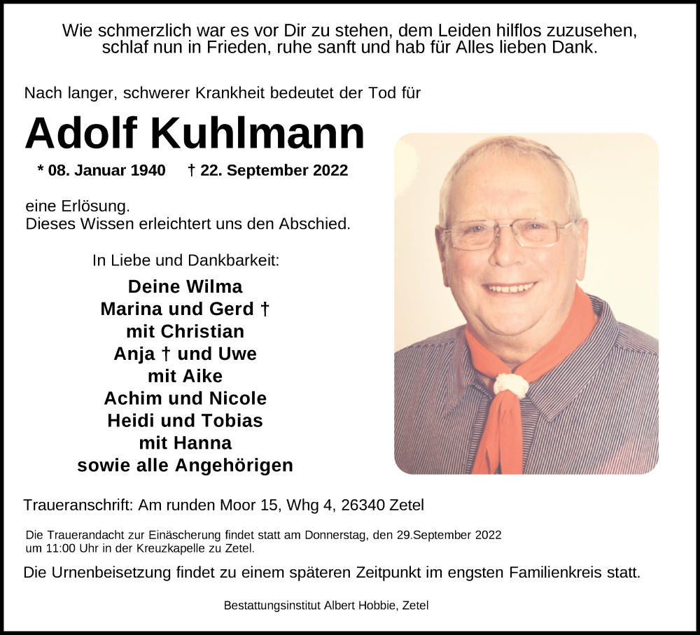  Traueranzeige für Adolf Kuhlmann vom 24.09.2022 aus Nordwest-Zeitung