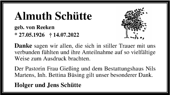 Traueranzeige von Almuth Schütte von Nordwest-Zeitung