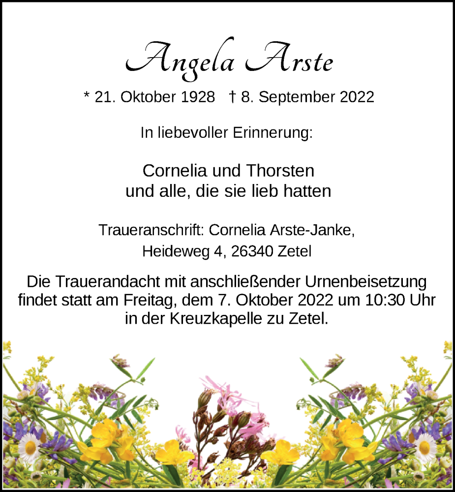  Traueranzeige für Angela Arste vom 01.10.2022 aus Nordwest-Zeitung