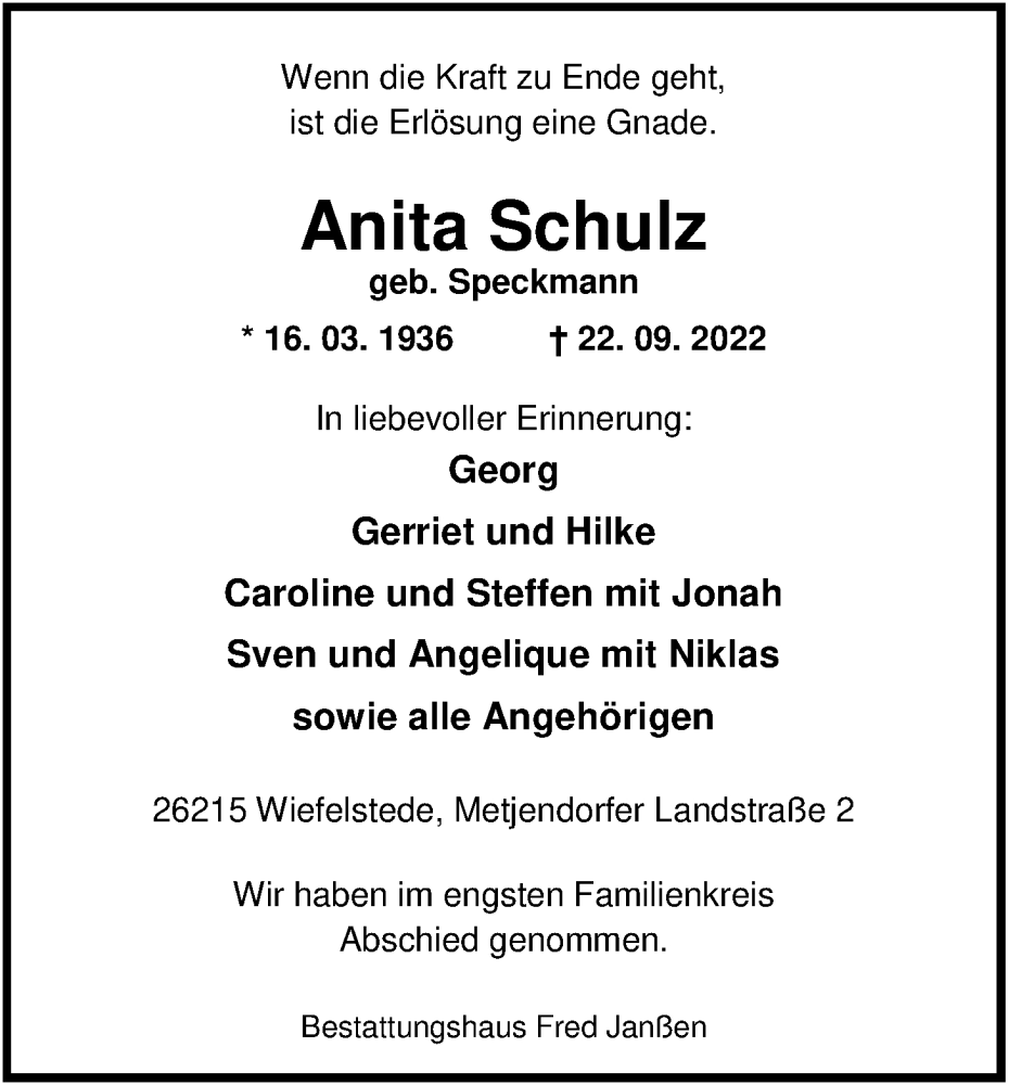  Traueranzeige für Anita Schulz vom 01.10.2022 aus Nordwest-Zeitung