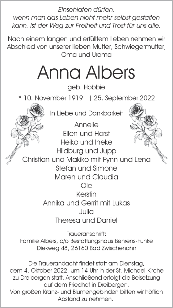  Traueranzeige für Anna Albers vom 29.09.2022 aus Nordwest-Zeitung