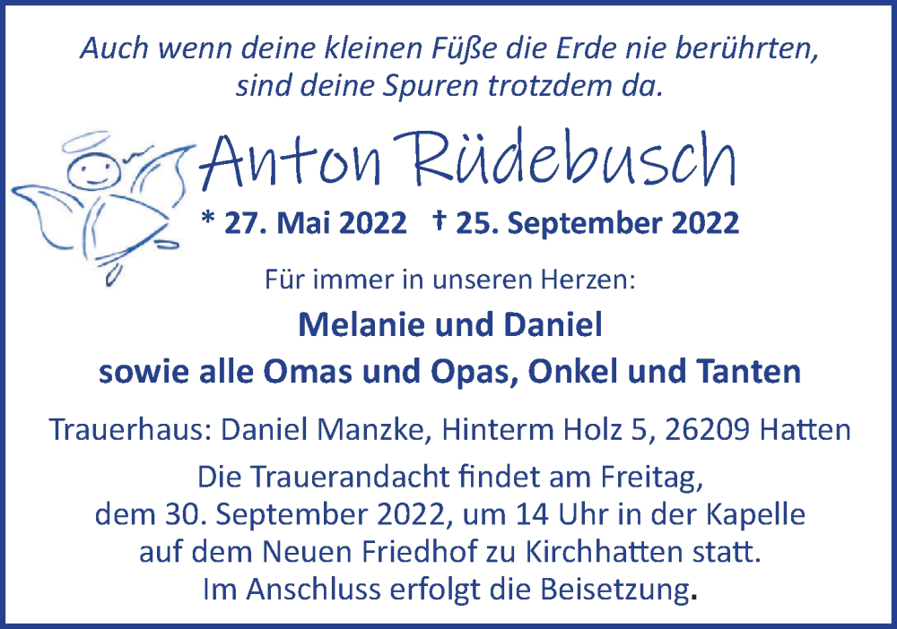  Traueranzeige für Anton Rüdebusch vom 28.09.2022 aus Nordwest-Zeitung