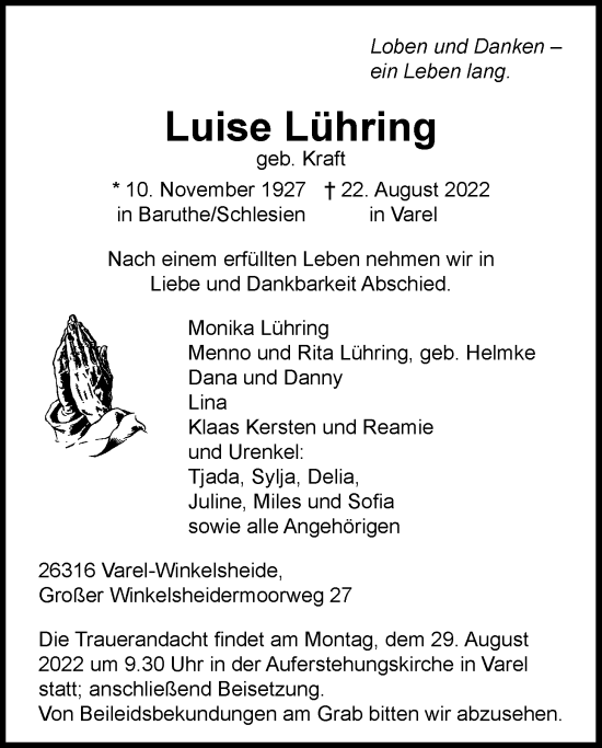 Traueranzeige von Luise Lühring von Nordwest-Zeitung
