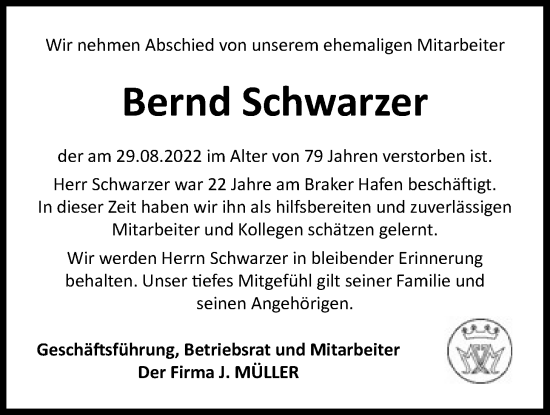 Traueranzeige von Bernd Schwarzer von Nordwest-Zeitung