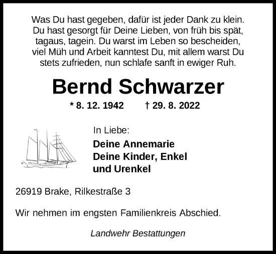 Traueranzeige von Bernd Schwarzer von Nordwest-Zeitung