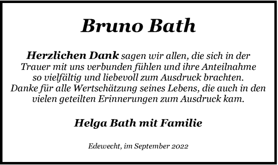 Traueranzeige von Bruno Bath von Nordwest-Zeitung