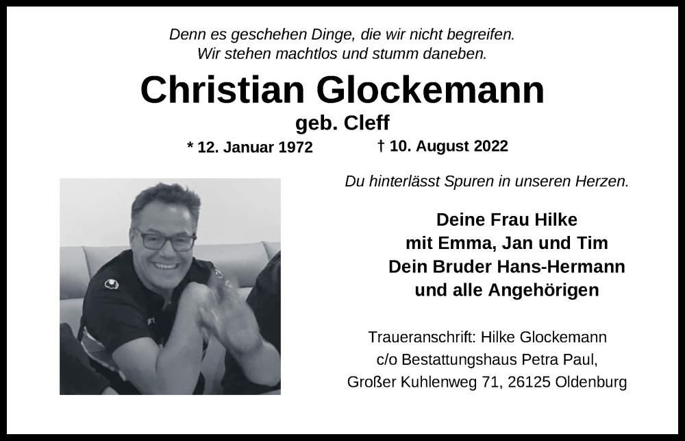  Traueranzeige für Christian Glockemann vom 10.09.2022 aus Nordwest-Zeitung