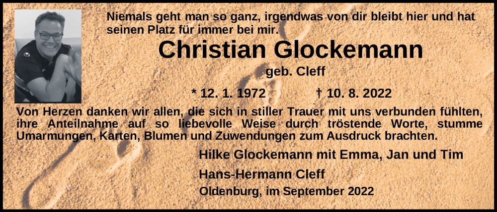  Traueranzeige für Christian Glockemann vom 01.10.2022 aus Nordwest-Zeitung