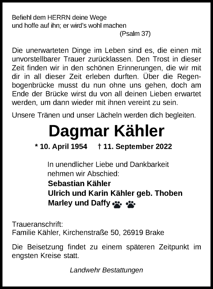  Traueranzeige für Dagmar Kähler vom 17.09.2022 aus Nordwest-Zeitung