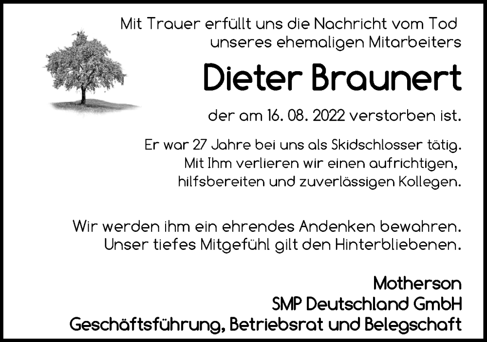  Traueranzeige für Dieter Braunert vom 03.09.2022 aus Nordwest-Zeitung