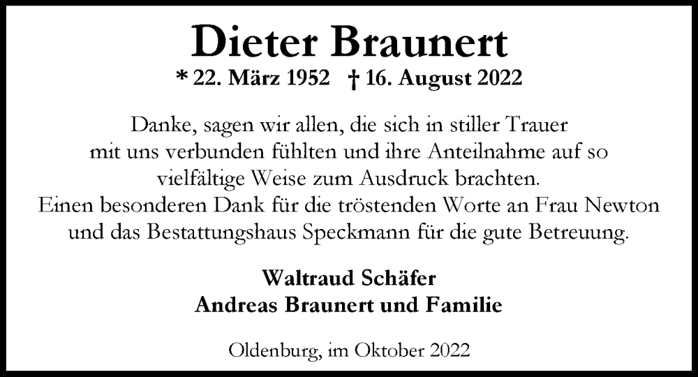  Traueranzeige für Dieter Braunert vom 01.10.2022 aus Nordwest-Zeitung