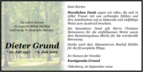Traueranzeige von Dieter Grund von Nordwest-Zeitung