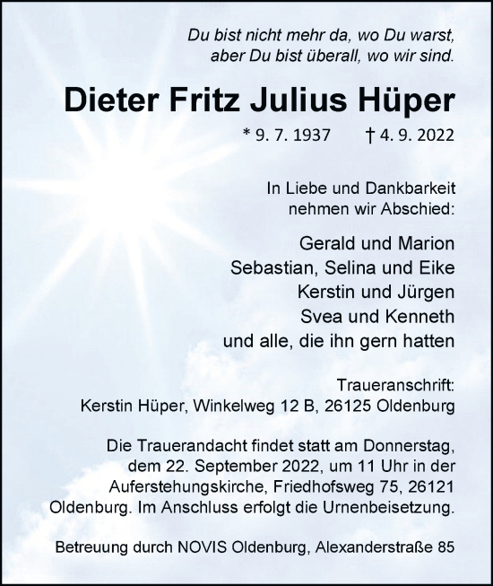 Traueranzeige von Dieter Fritz Julius Hüper von Nordwest-Zeitung