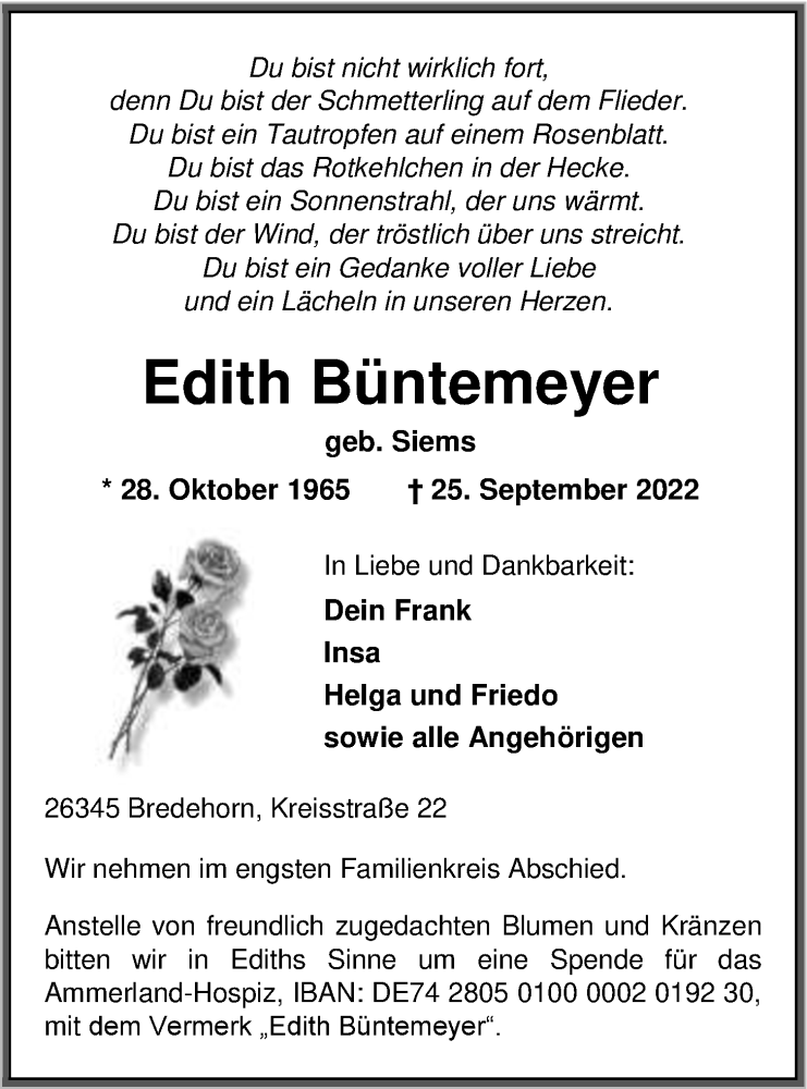  Traueranzeige für Edith Büntemeyer vom 30.09.2022 aus Nordwest-Zeitung