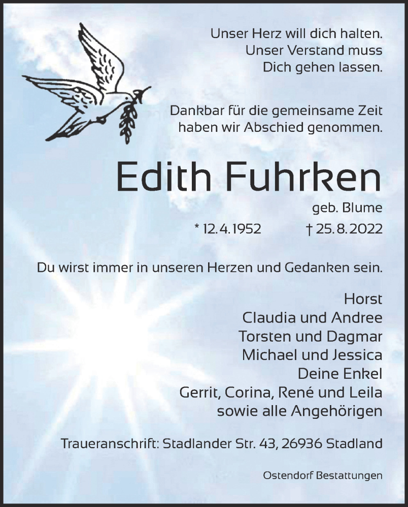  Traueranzeige für Edith Fuhrken vom 24.09.2022 aus Nordwest-Zeitung