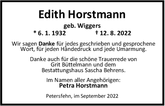 Traueranzeige von Edith Horstmann von Nordwest-Zeitung