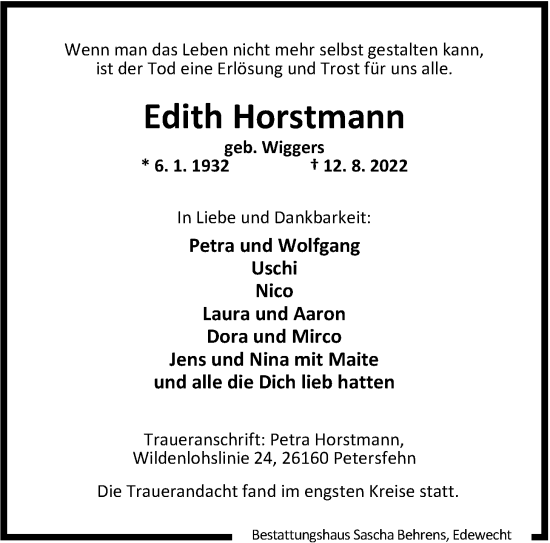 Traueranzeige von Edith Horstmann von Nordwest-Zeitung
