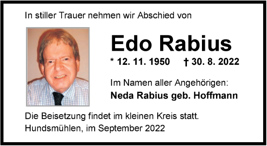 Traueranzeige von Edo Rabius von Nordwest-Zeitung