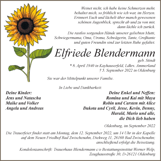 Traueranzeige von Elfriede Blendermann von Nordwest-Zeitung