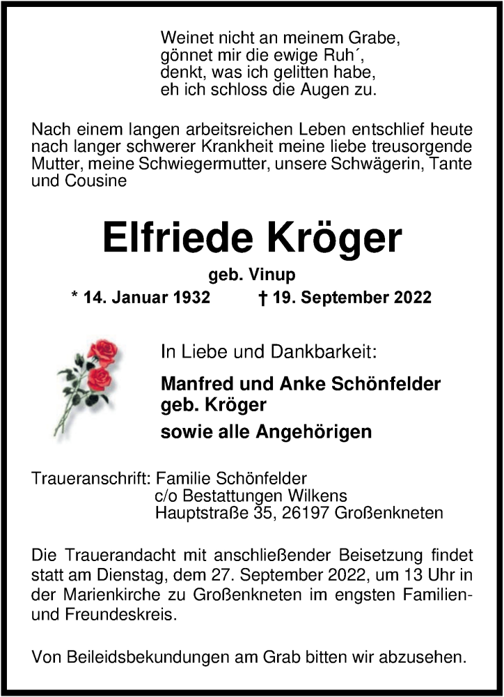  Traueranzeige für Elfriede Kröger vom 22.09.2022 aus Nordwest-Zeitung