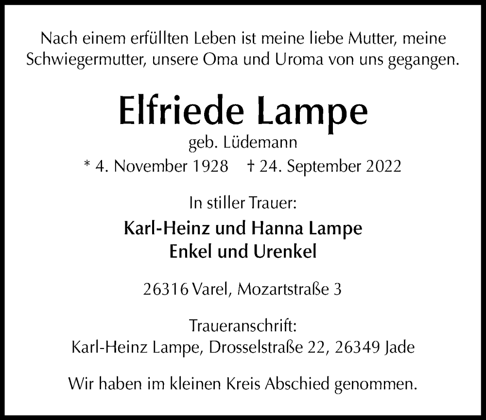  Traueranzeige für Elfriede Lampe vom 01.10.2022 aus Nordwest-Zeitung