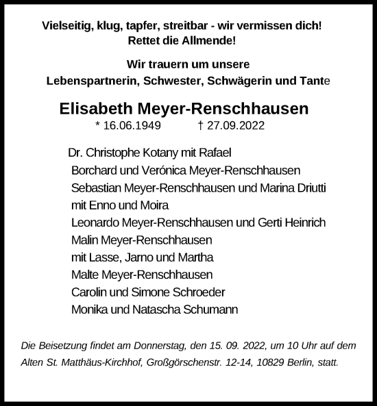 Traueranzeige von Elisabeth Meyer-Renschhausen von Nordwest-Zeitung