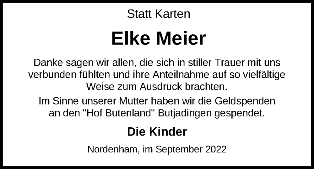  Traueranzeige für Elke Meier vom 23.09.2022 aus Nordwest-Zeitung