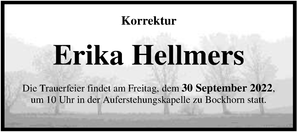 Traueranzeige für Erika Hellmers vom 27.09.2022 aus Nordwest-Zeitung