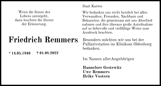 Traueranzeige von Friedrich Remmers von Nordwest-Zeitung