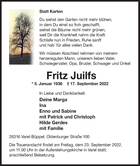 Traueranzeige von Fritz Juilfs von Nordwest-Zeitung
