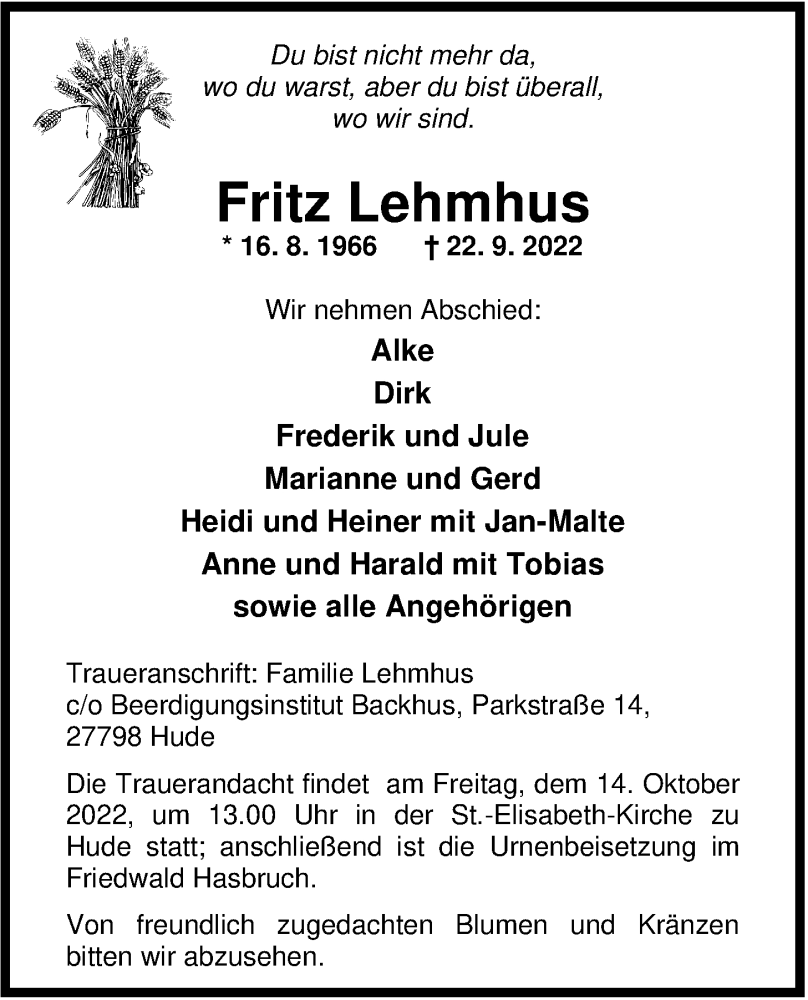  Traueranzeige für Fritz Lehmhus vom 24.09.2022 aus Nordwest-Zeitung