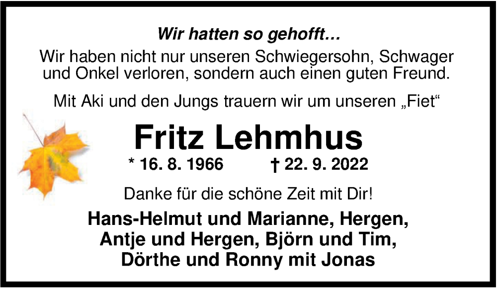  Traueranzeige für Fritz Lehmhus vom 24.09.2022 aus Nordwest-Zeitung