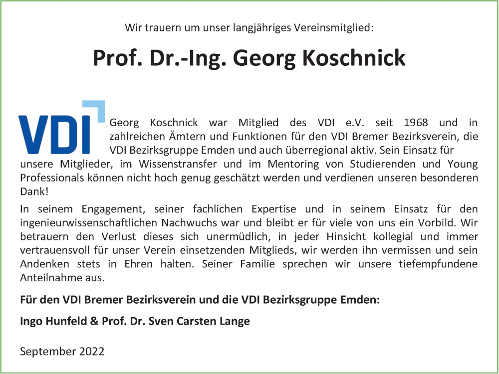  Traueranzeige für Georg Koschnick vom 27.09.2022 aus Emder Zeitung