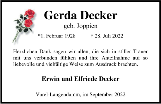 Traueranzeige von Gerda Decker von Nordwest-Zeitung