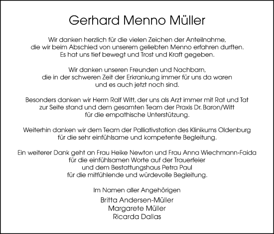 Traueranzeige von Gerhard Menno Müller von Nordwest-Zeitung