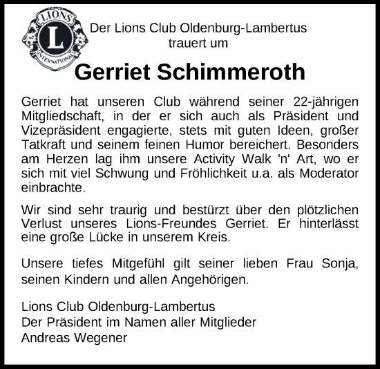 Traueranzeige von Gerriet Schimmeroth von Nordwest-Zeitung