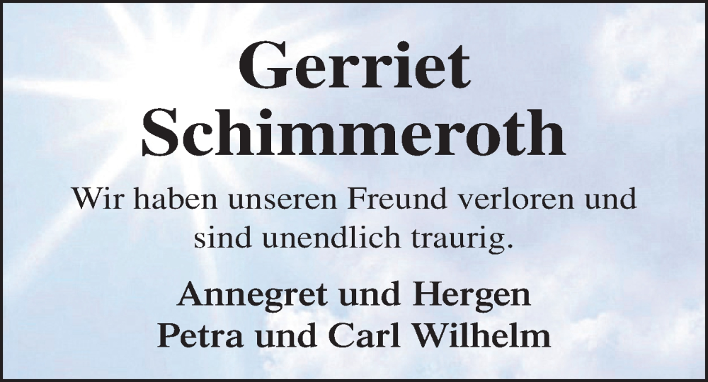  Traueranzeige für Gerriet Schimmeroth vom 10.09.2022 aus Nordwest-Zeitung