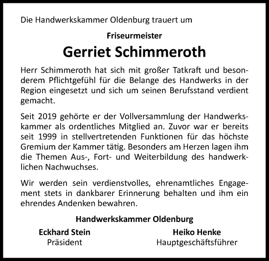 Traueranzeige von Gerriet Schimmeroth von Nordwest-Zeitung