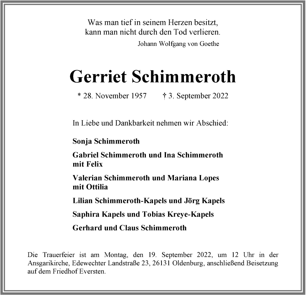  Traueranzeige für Gerriet Schimmeroth vom 10.09.2022 aus Nordwest-Zeitung