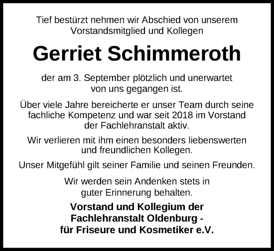 Traueranzeige von Gerriet Schimmeroth von Nordwest-Zeitung