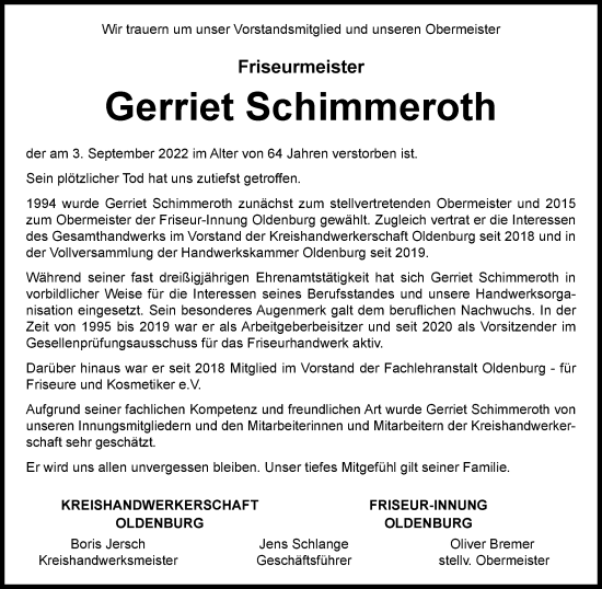 Traueranzeige von Gerriet Schimmeroth von Nordwest-Zeitung