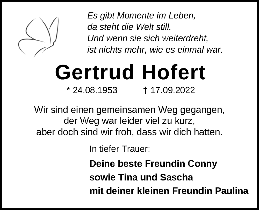  Traueranzeige für Gertrud Hofert vom 24.09.2022 aus Nordwest-Zeitung