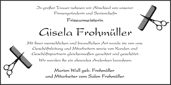 Traueranzeige von Gisela Frohmüller von Nordwest-Zeitung