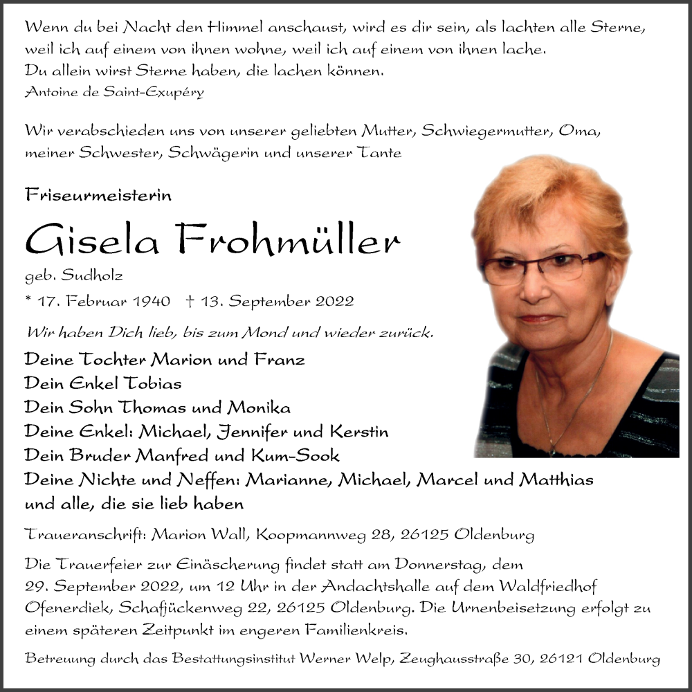  Traueranzeige für Gisela Frohmüller vom 24.09.2022 aus Nordwest-Zeitung