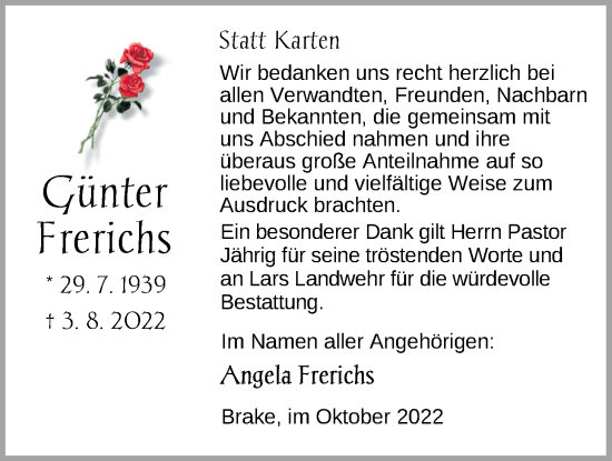 Traueranzeige von Günter Frerichs von Nordwest-Zeitung