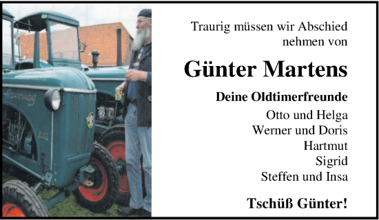 Traueranzeige von Günter Martens von Nordwest-Zeitung