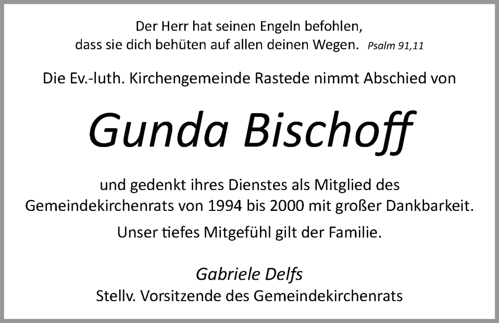  Traueranzeige für Gunda Bischoff vom 09.09.2022 aus Nordwest-Zeitung
