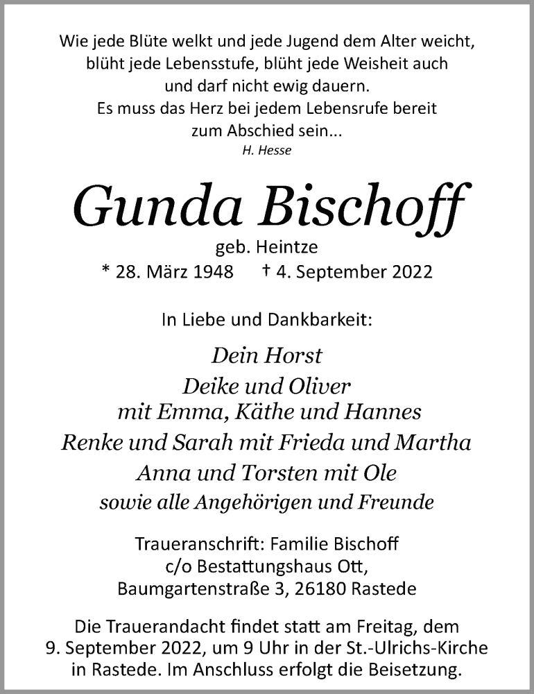  Traueranzeige für Gunda Bischoff vom 07.09.2022 aus Nordwest-Zeitung